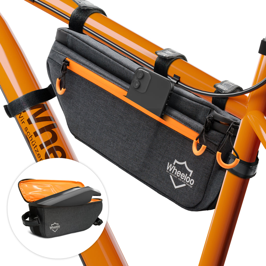 WHEELOO Fahrrad Rahmentasche 4L wasserdicht für Oberrohr I 2 Fächer I 330g I Lackschonende Montage I Akkutasche für E-Bike, Rennrad, Mountainbike Rahm